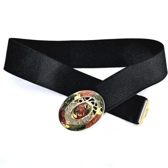 Vintage 80's Modernist Gold Enamel Buckle Black Elastic Wide Belt - Picture 1 of 5